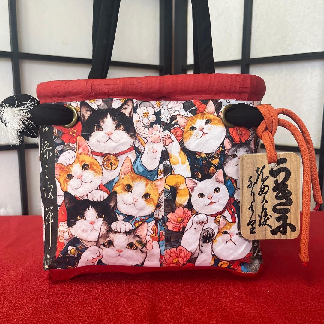 猫がいっぱい！ 一閑張り バッグ かごバッグ ハンドバッグ 和猫 茶トラ 小さめ 猫がいっぱい！ 一閑張り バッグ かごバッグ ハンドバッグ 和猫