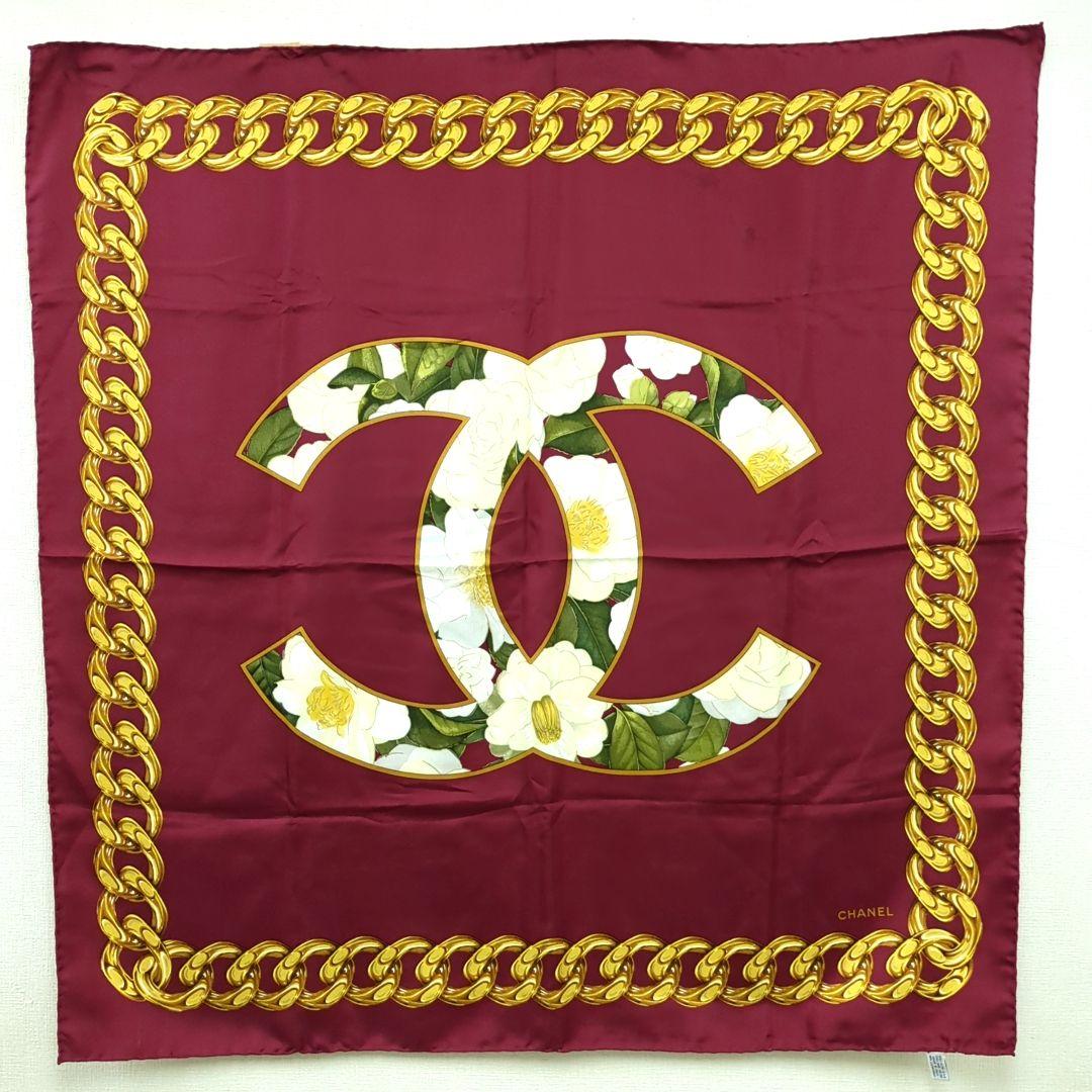 シャネル ココマーク チェーン 花柄 シルクスカーフ ボルドー イタリア製CHANEL