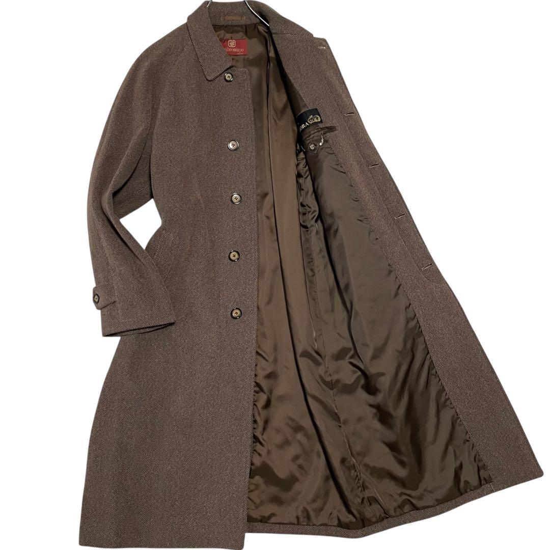 【アンゴラ50%×ヘリンボーン】マキシ丈比翼チェスターコート 日本製 ブラウXL