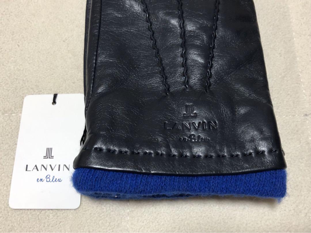 370新品LANVIN en BLue メンズ羊革レザー手袋裏地カシミヤ濃紺
