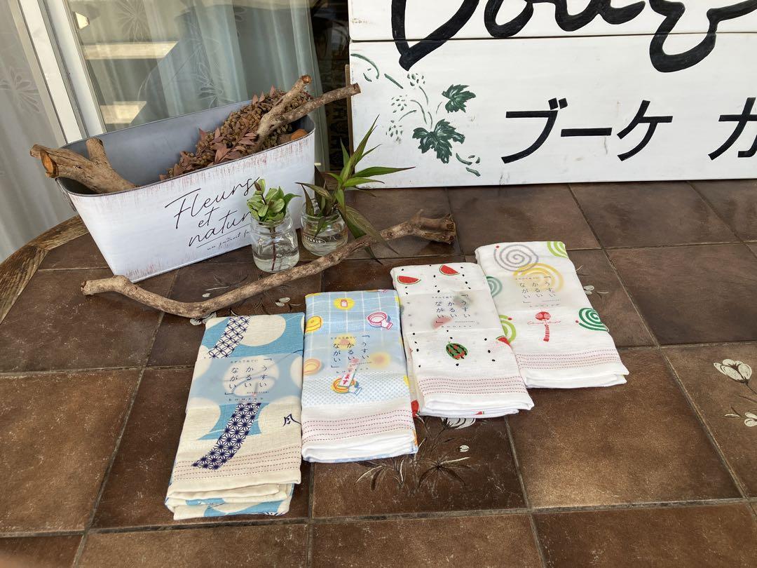 和柄たおる新品 スイカ柄渦巻蚊取柄 アイラブ湯・桶 風鈴柄 4枚セット 送料込み