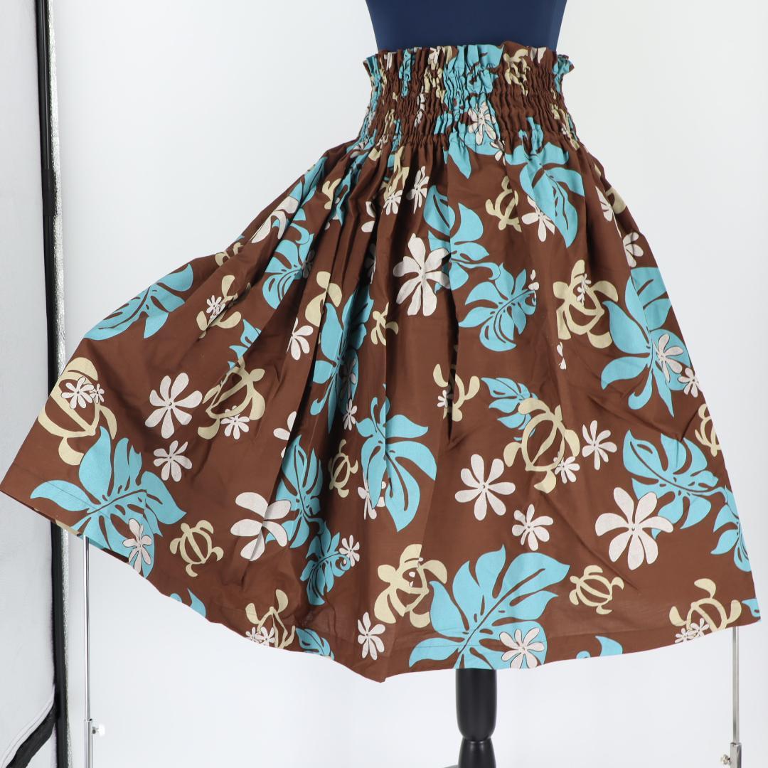 【フラダンス用衣装】ブラウンターコイズブルー プルメリアモンステラ パウスカート