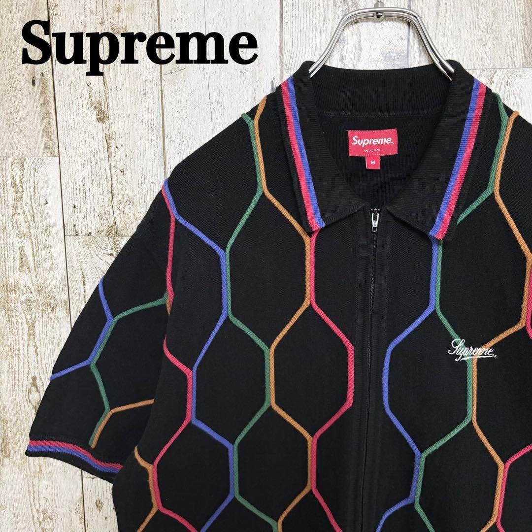 B874【即完売モデル】シュプリーム　刺繍ロゴ　半袖　シャツ　ジップアップ　M