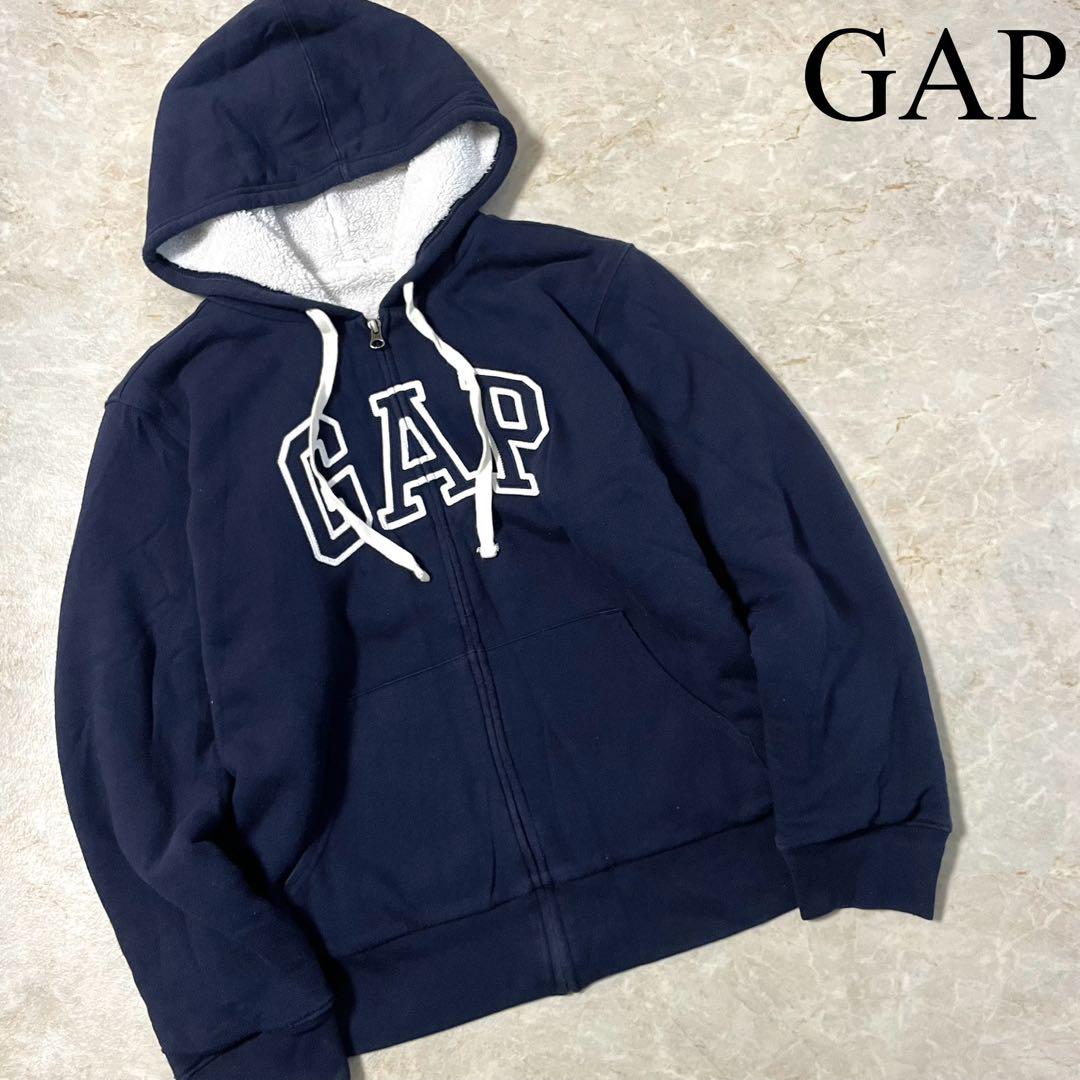GAP ギャップ 裏地ボア ビッグロゴ ジップアップ パーカー フーディー L