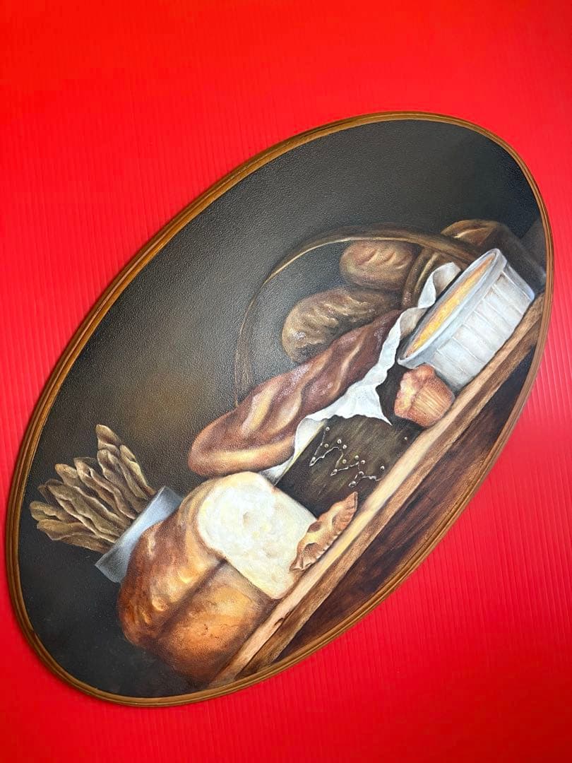 トールペイント作品　パン　特大木製オーバル51cm スティルライフ　油絵