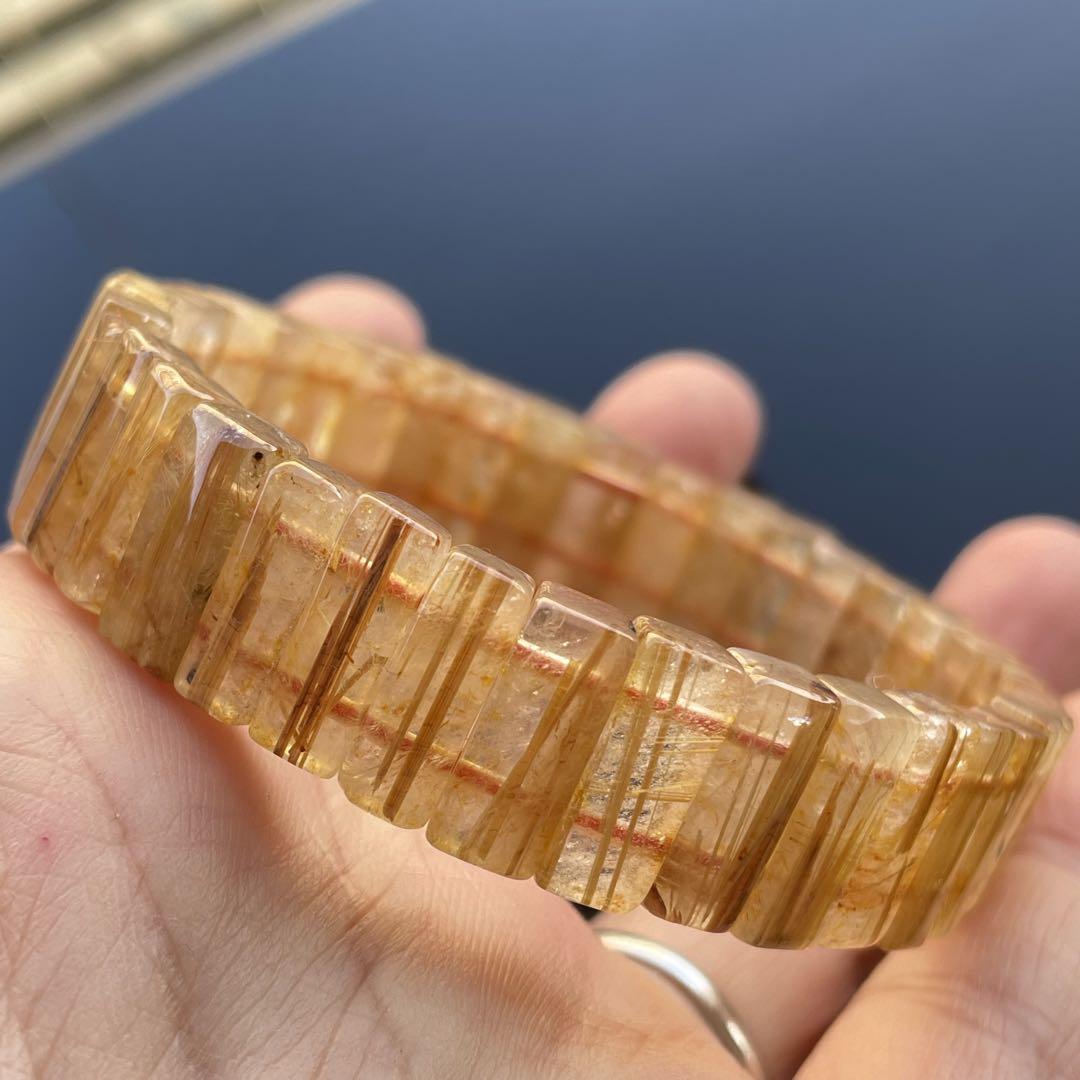 新入り天然石パワーストーン全ての面にタイチンルチルクォーツバングルブレスレット