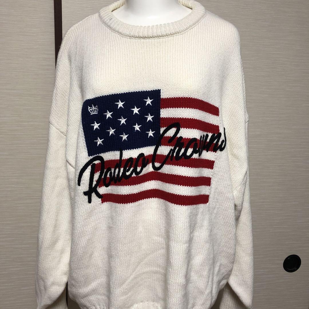 ロデオクラウンズ　ニット　国旗　usa アメリカ　白　セーター　ロゴ　刺繍