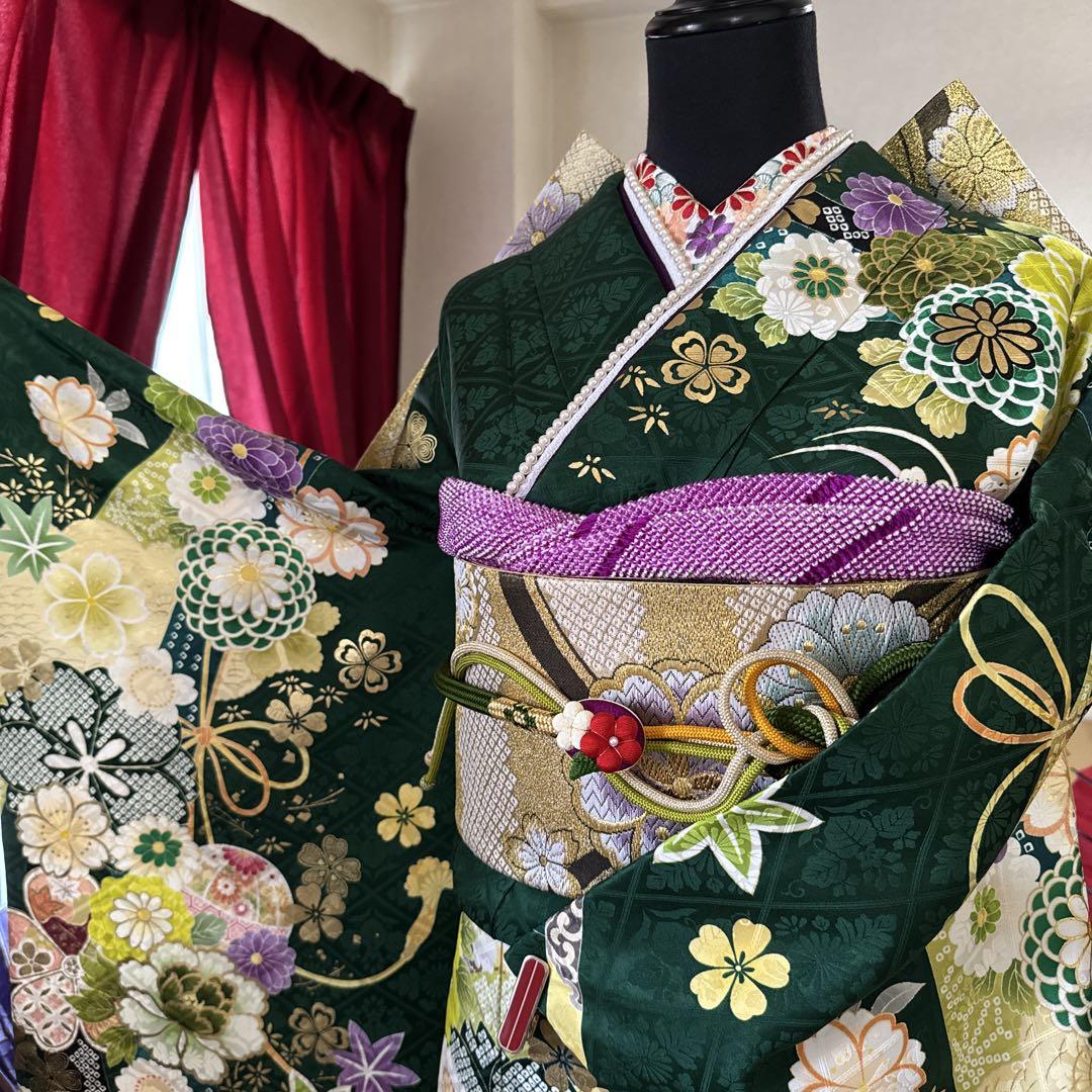 セール 海外 袋帯フルセット(7点)・極美品・ガード加工済・古典柄・深緑色 着物・浴衣