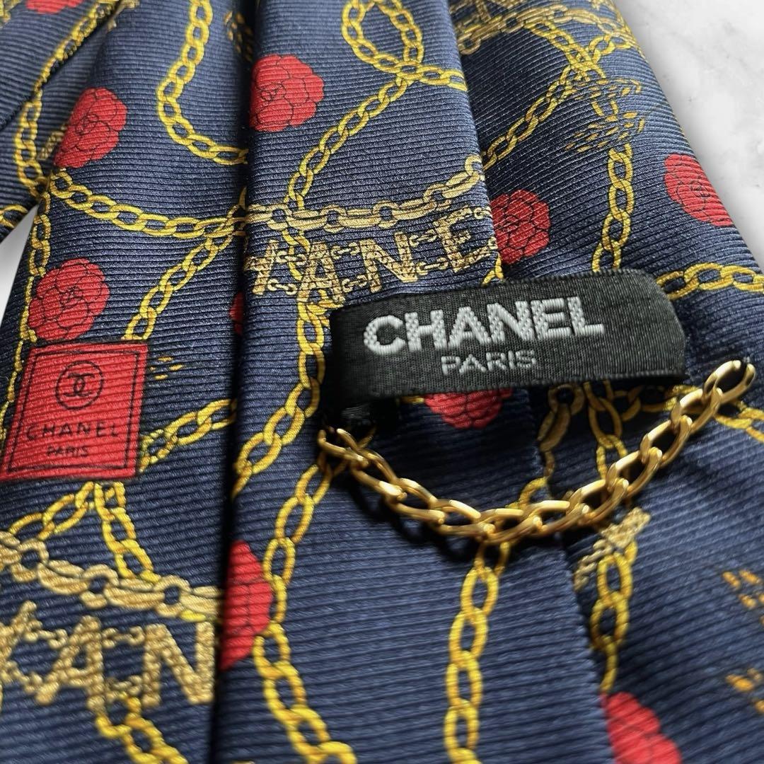 【美品】シャネル CHANEL ネクタイ チェーン ゴールド 花柄 ネイビー