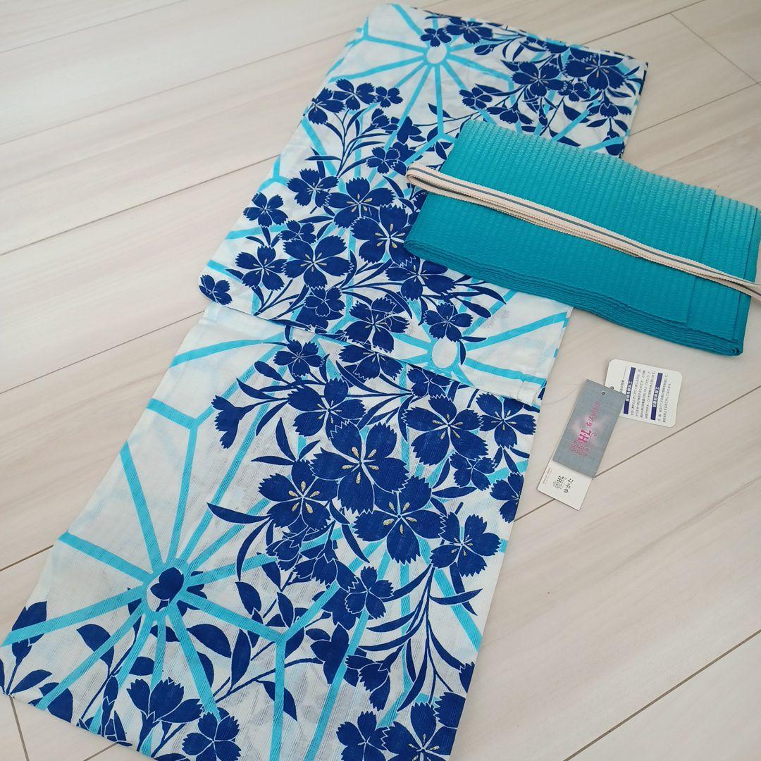 新品☆呉服屋♪綿麻・大人清楚な撫子　麻の葉柄　上品な浴衣３点セット