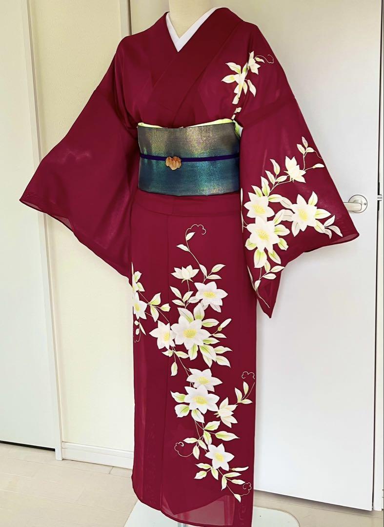 大人女性の 美品】絽の附下 クレマチス 正絹 身丈158裄67 クリーニング済 着物・浴衣
