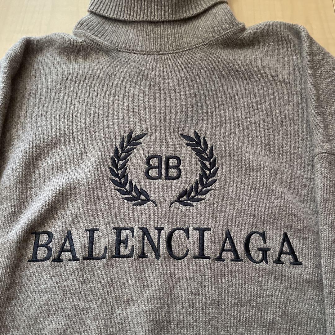 BALENCIAGA カシミヤ混 タートルネックセーター グレー S ロゴ