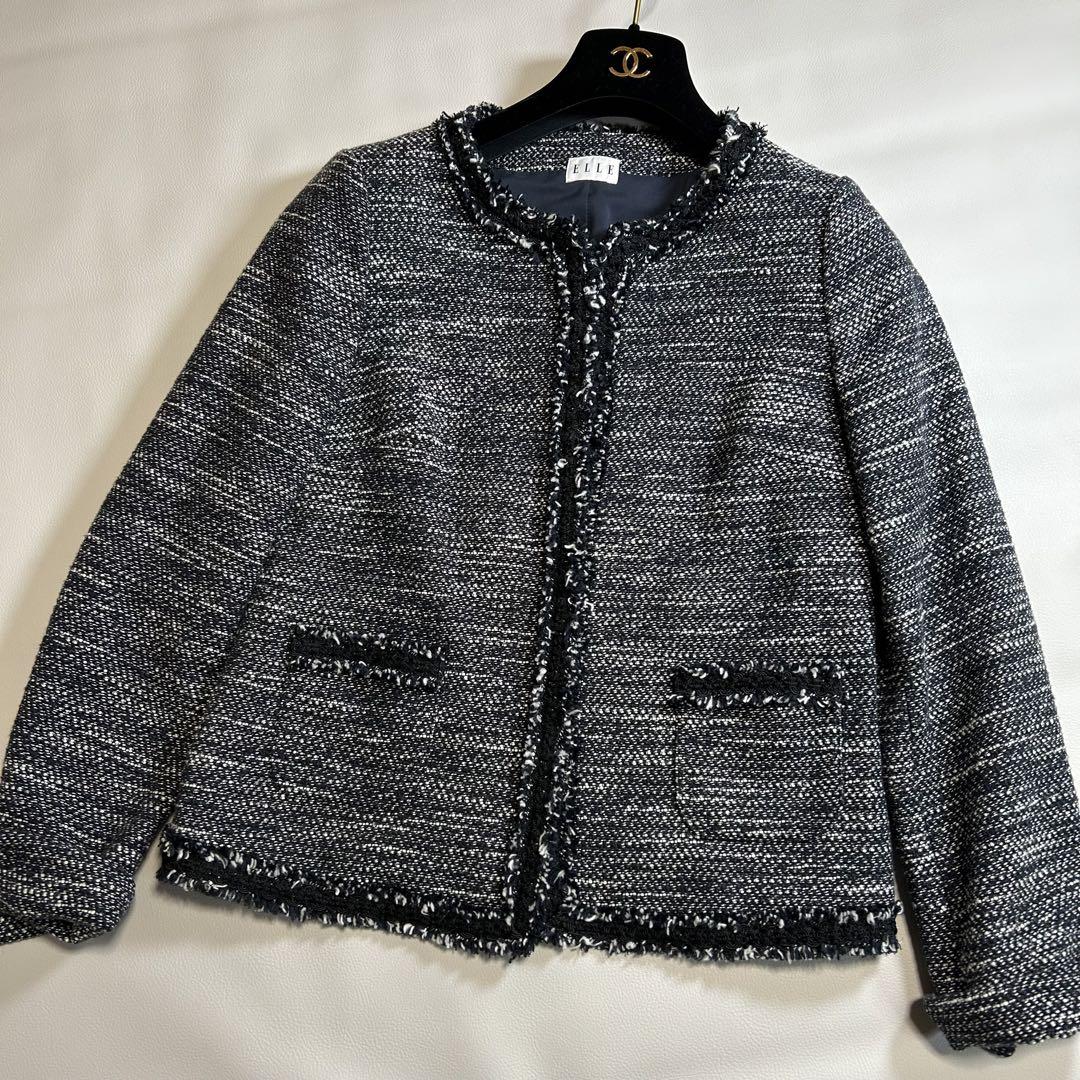 美品　ELLE ノーカラーツイードジャケット 38 M〜L相当　レアモデル