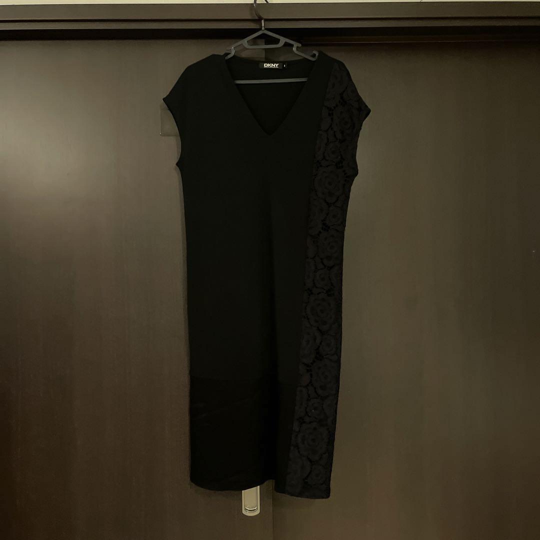R-A357/美品 DKNY ノースリーブワンピース ひざ丈 レース S 黒の
