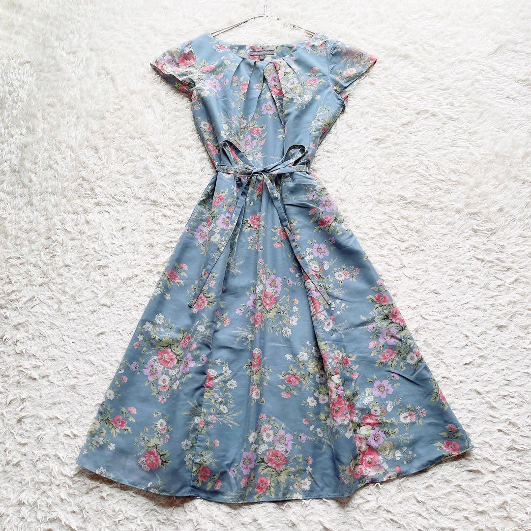 ローラアシュレイ ワンピース 花柄 総柄 リボン フレア 9号 M 7,830円