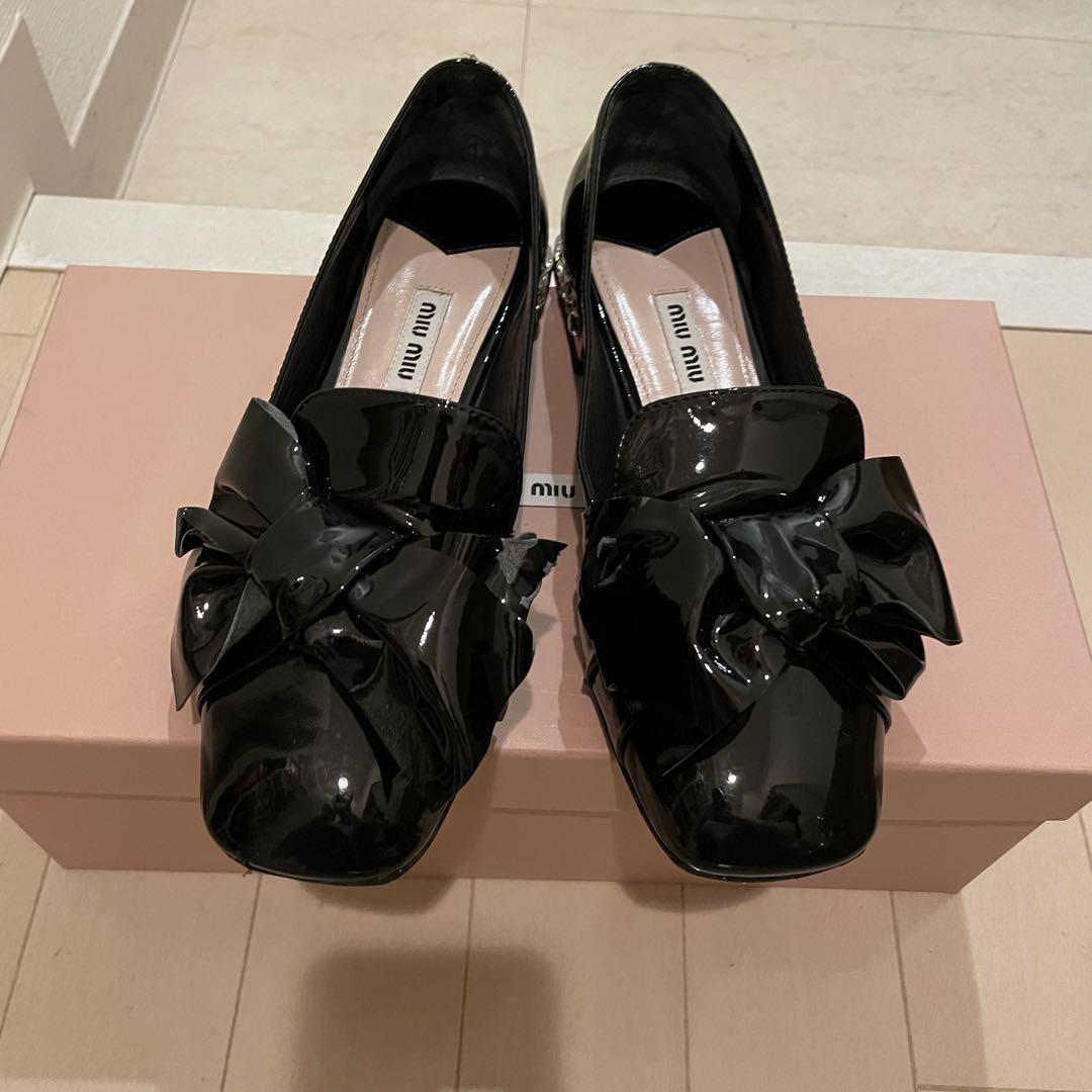 miumiu リボン ビジュー エナメルリボンフラットシューズ 22.5cm