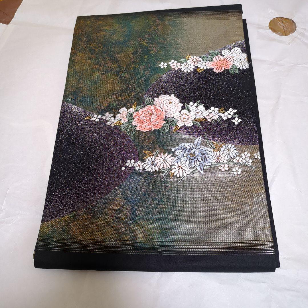 名古屋帯 刺繍 花 箔 黒