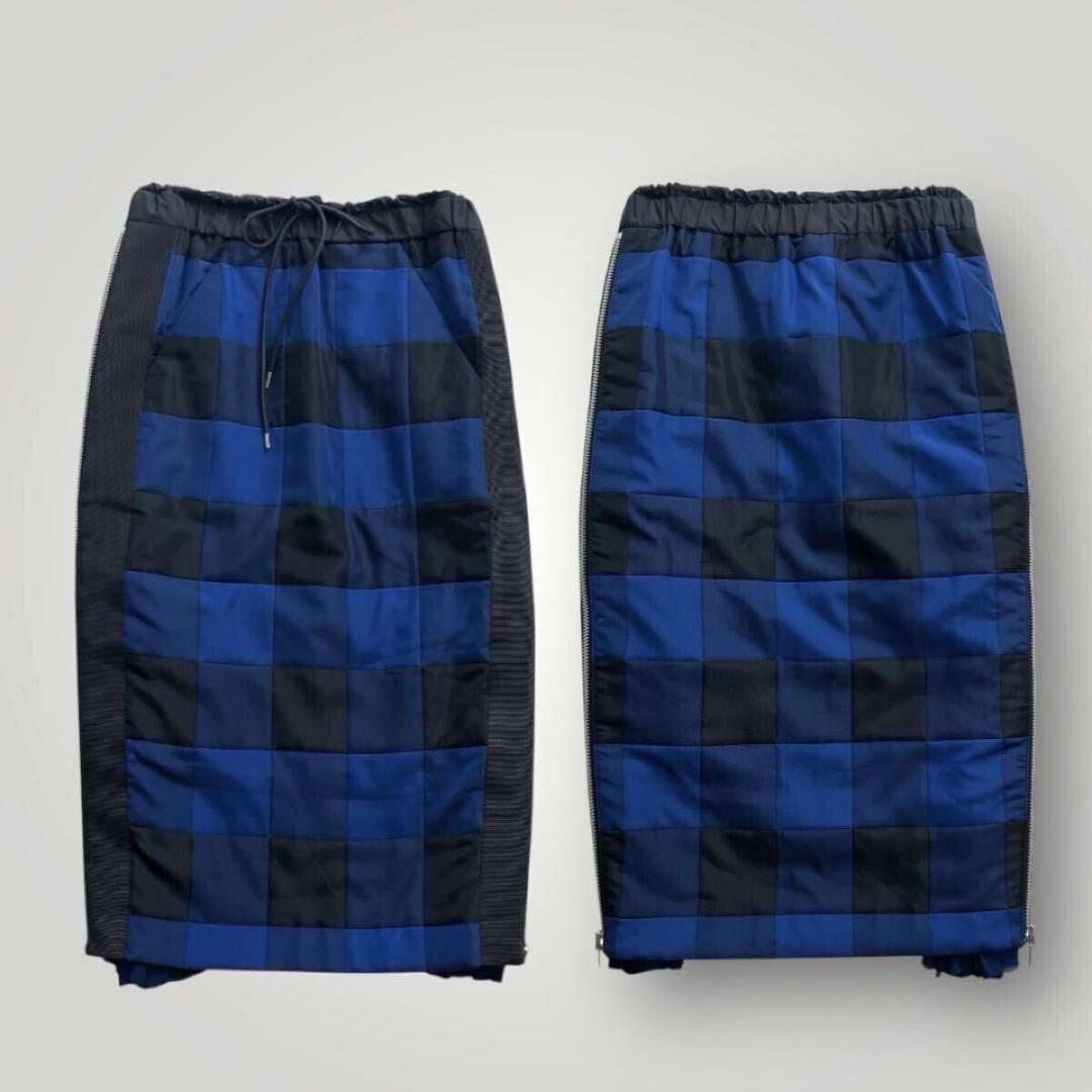 sacai サカイ スカート チェック ジップ プリーツ ブルー