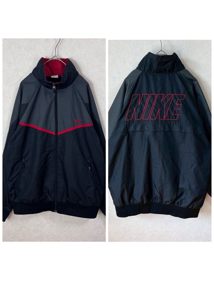 NIKE ナイキ　ナイロンジャケット　切替　両面刺繍　バックロゴ　黒赤