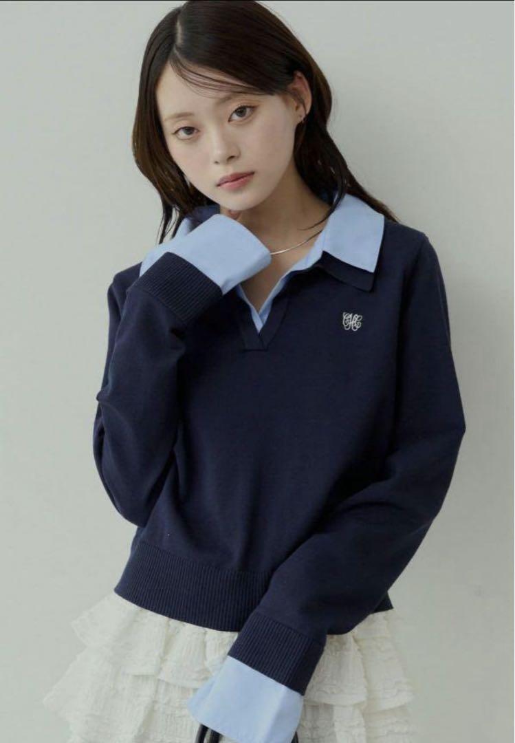 CHICO 刺繍入り襟付きポロニット ネイビー