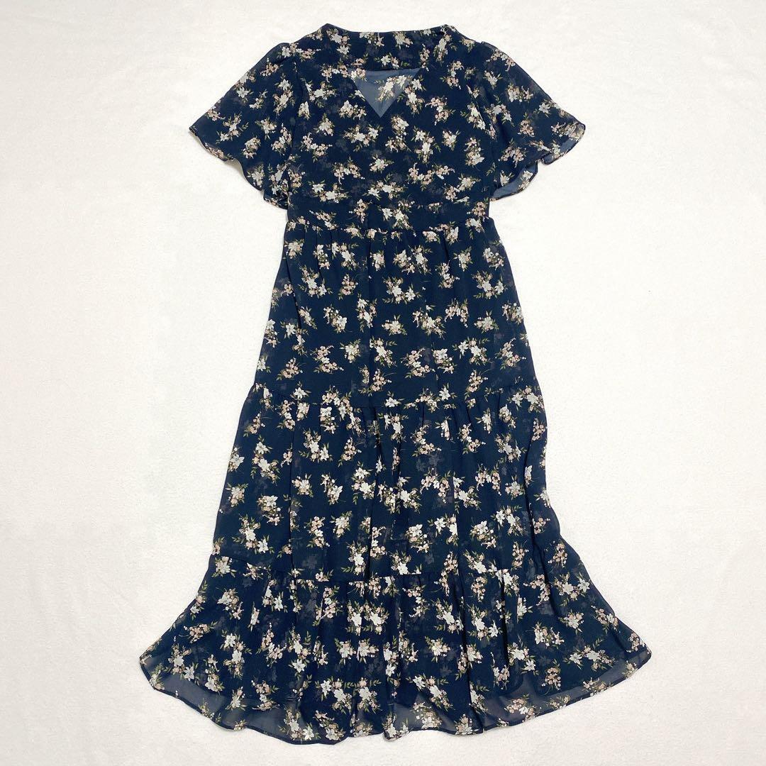 匿名❣️フレアワンピース ロング 花柄 ネイビー 半袖 Vネック レディース 薄手
