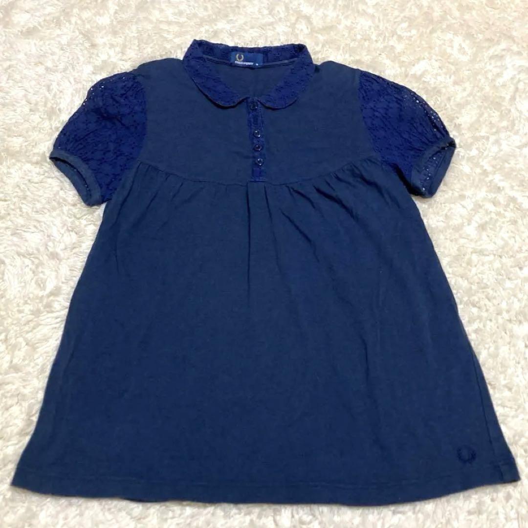 fred perry シルク混　ブラウス　レース　ワンポイント刺繍　ネイビー