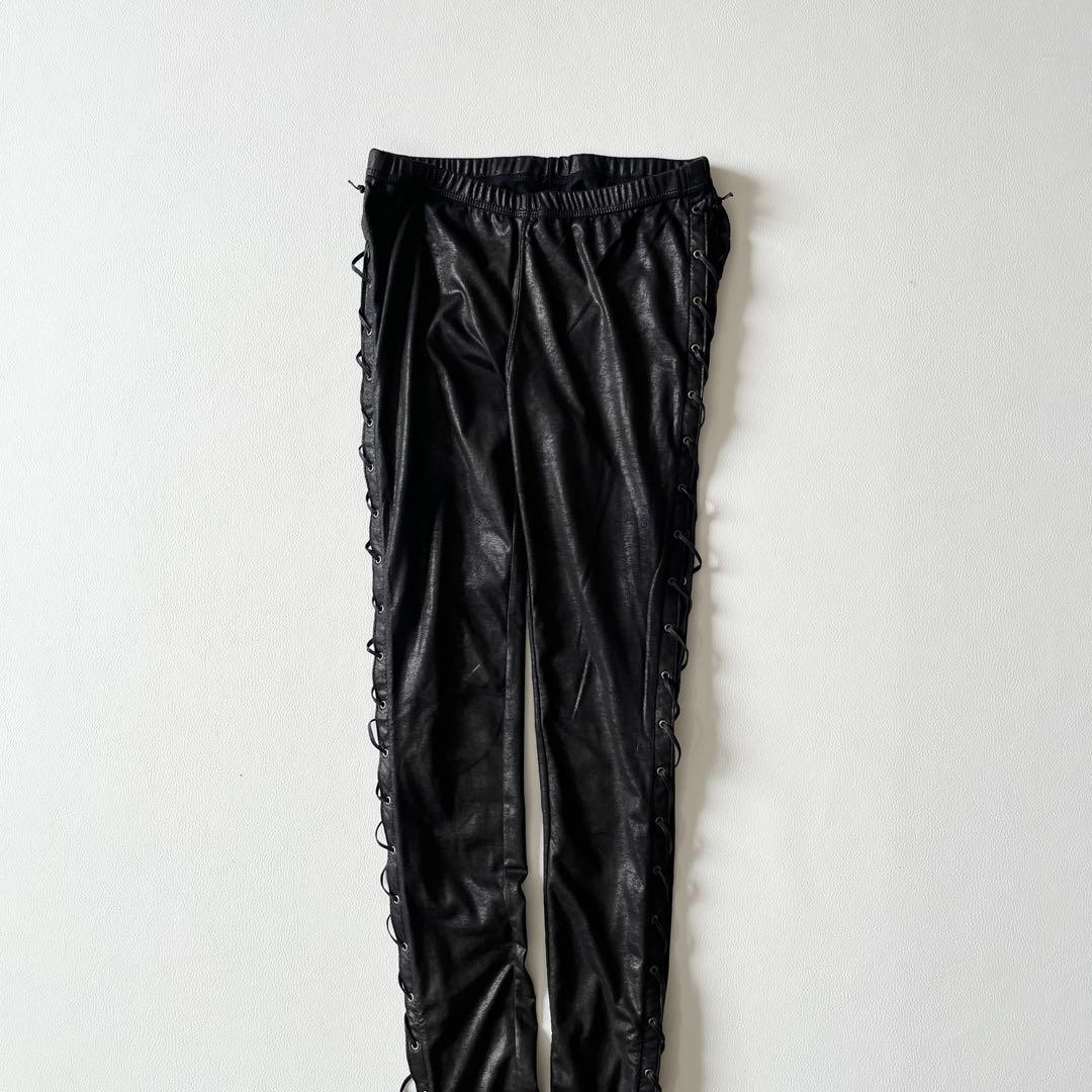 ▼美品✨シェアースピリット【36】レースアップ レギンスパンツ 細身 光沢 黒