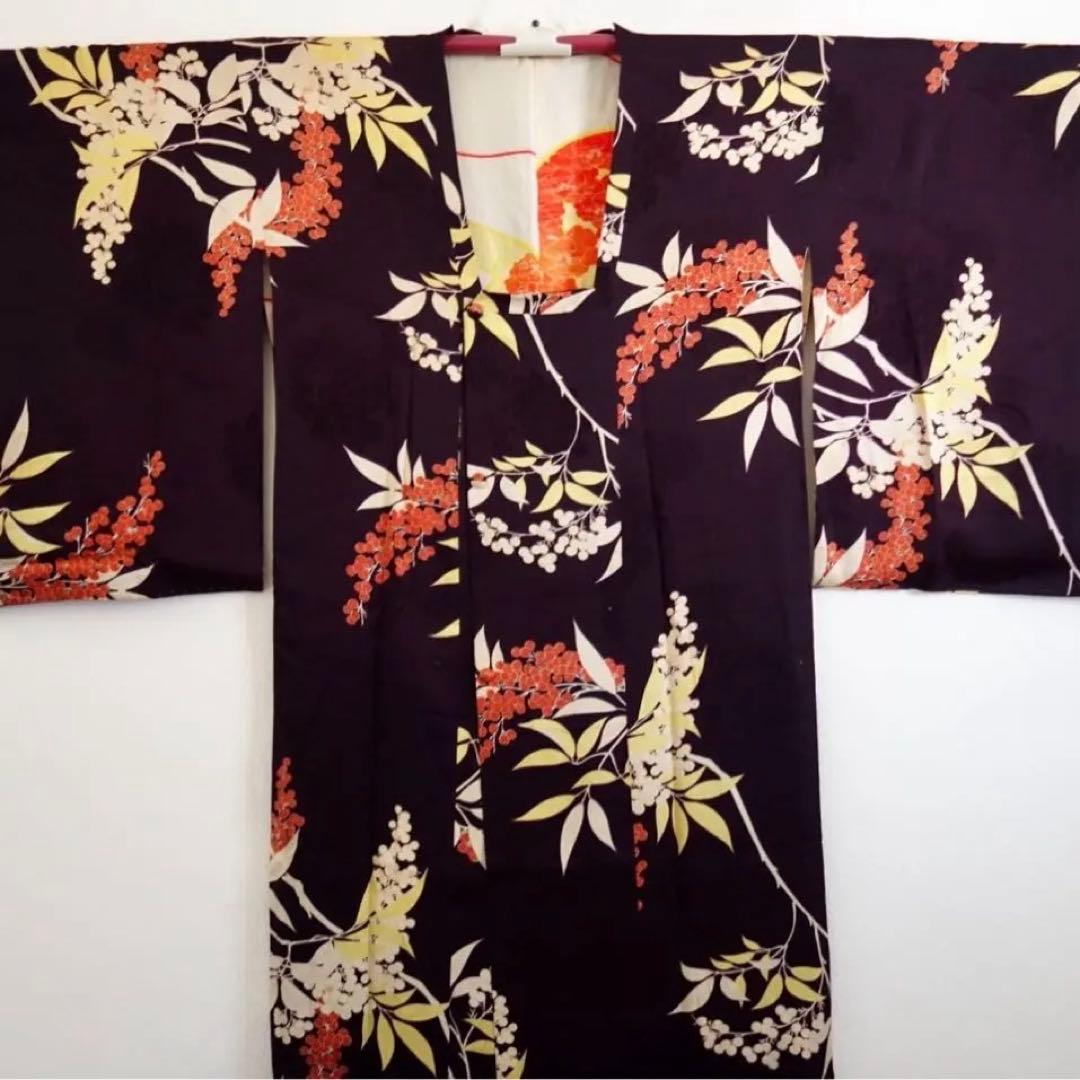 アンティーク着物コート 長コート 南天 正絹 アンティーク着物コート 長コート 南天 正絹