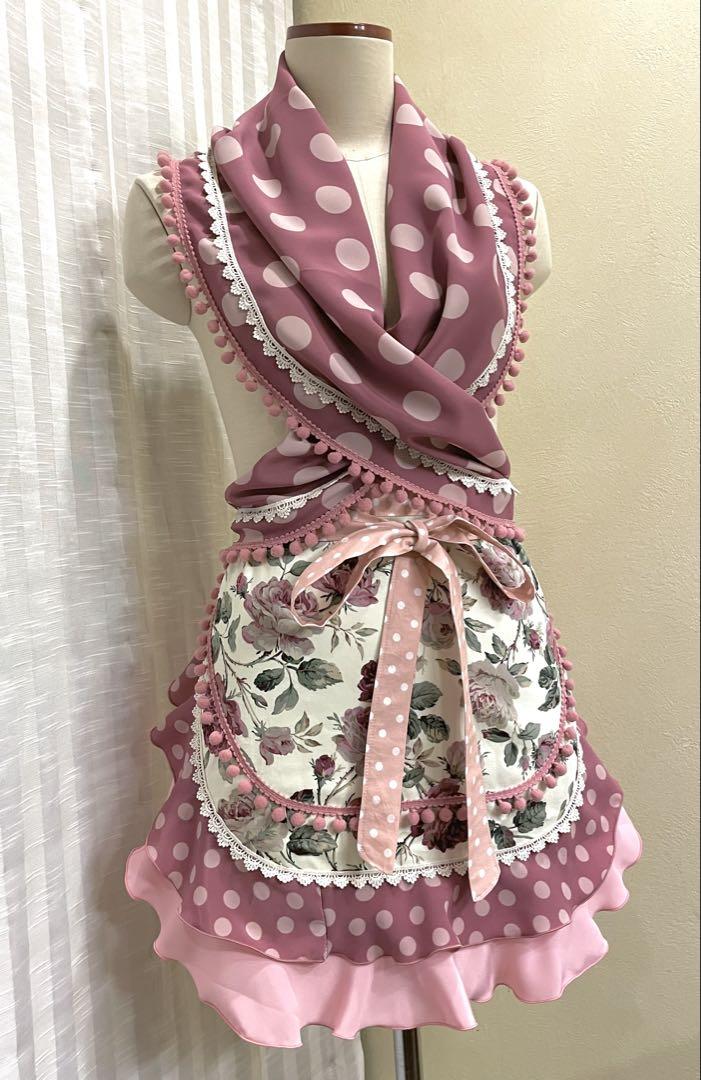 Koron様専用　エプロン　ショート　アイボリーピンクバラ柄　モーブピンク水玉