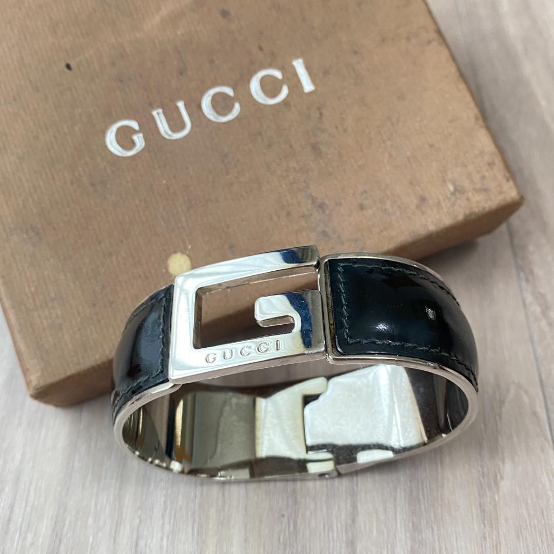◇GUCCI ヴィンテージ Gロゴ バングル レザー 金属 ブラック