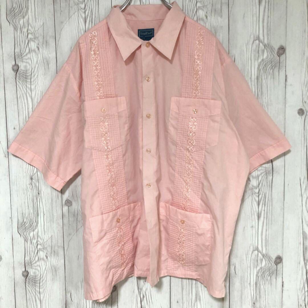 【希少・一点物】ヴィンテージ 古着 半袖 キューバシャツ XLサイズ レーヨン混 OLD NAVY 半袖キューバシャツ L（XL相当）刺繍 コットン100