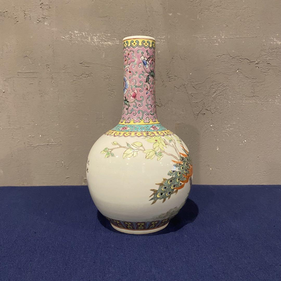中国景徳鎮 孔雀 花柄 花器 フラワーベース 小壺 コレクション