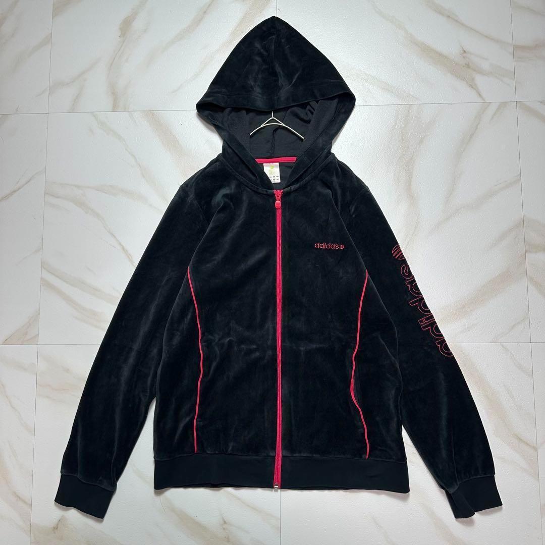 【人気ベロア】adidasneo ジャージ パーカー フード 黒 ピンク XL
