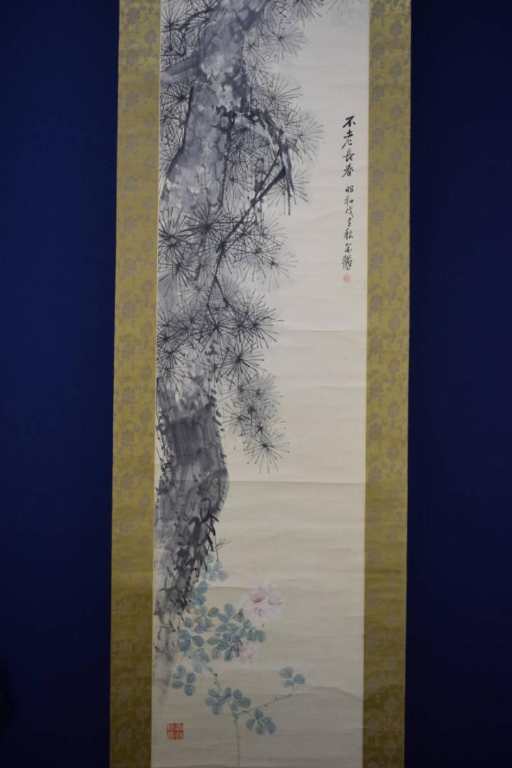 真作/北川金/不老長春/桐共箱付/布袋屋掛軸HG-475 真作/北川金/不老長春/桐共箱付/布袋屋掛軸HG-475