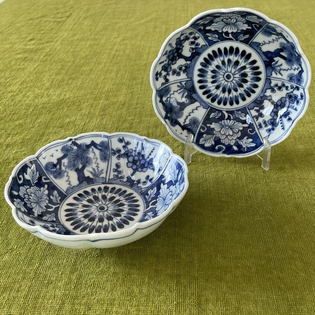 樋山真弓　染付 輪花5寸鉢 花文 2枚セット (単品売り可)