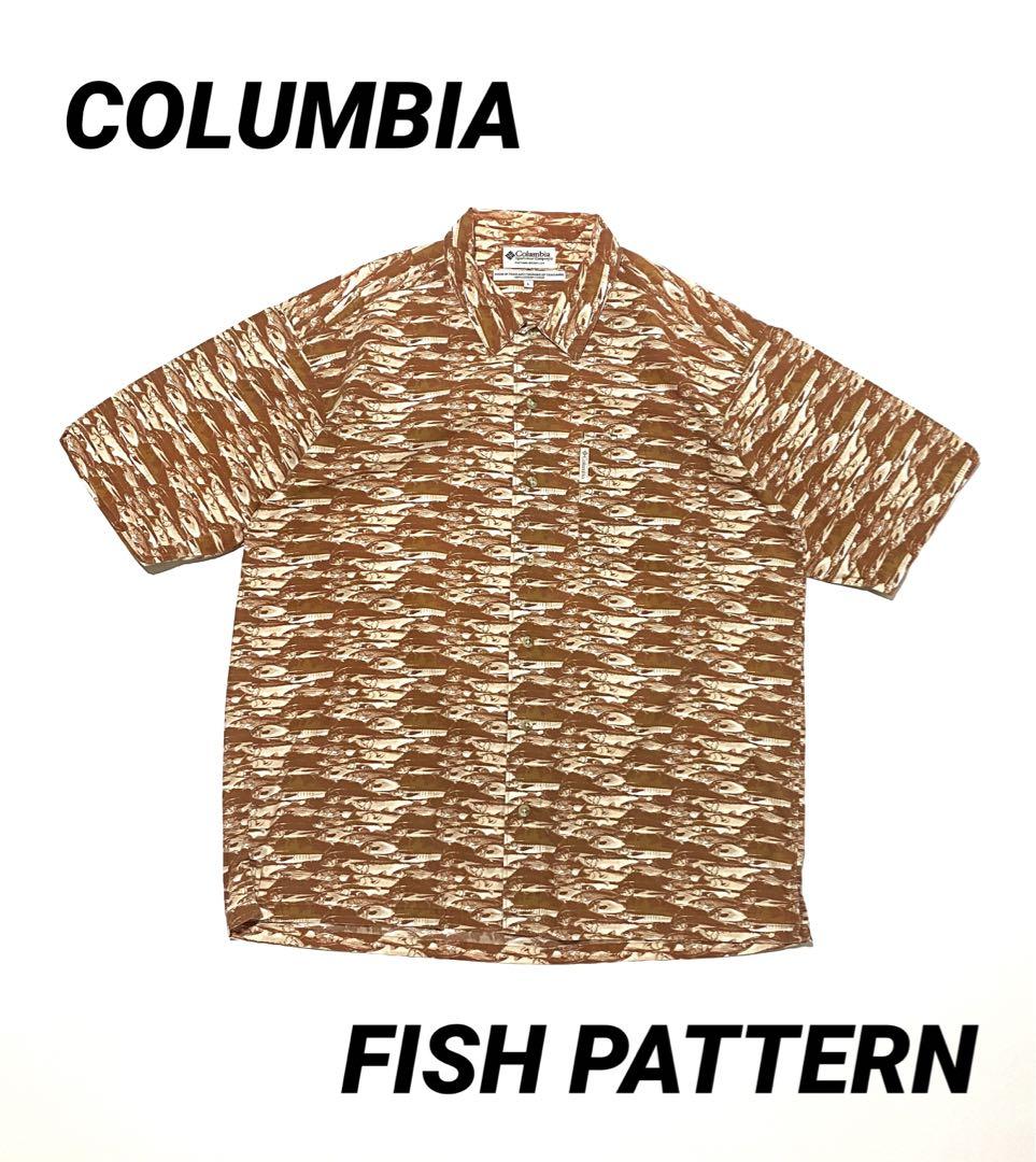 90’s コロンビア 魚群総柄 コットンシャツ ブラウン系 L/XL アメカジ