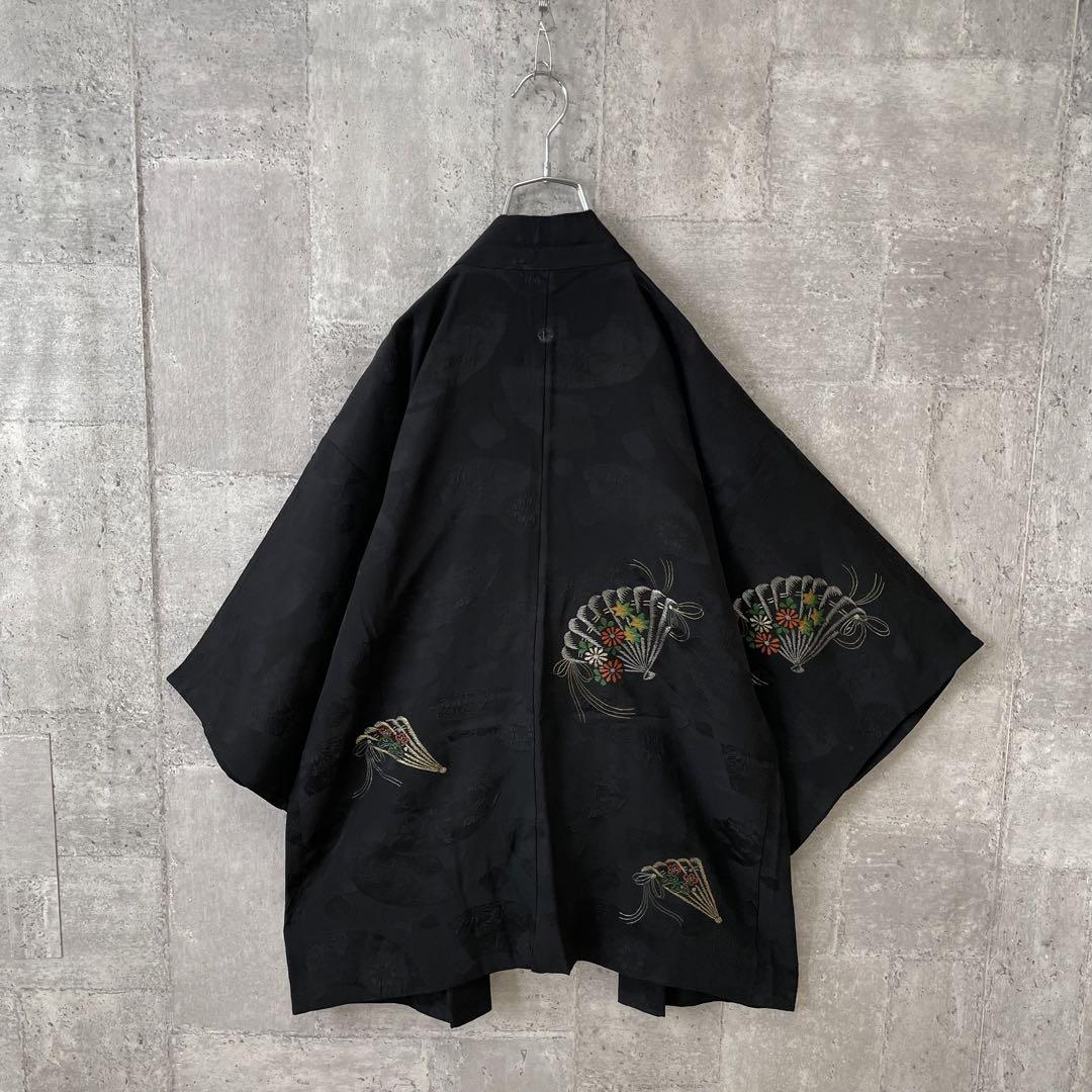 vintage 着物カーディガン 羽織り ジャガード 花柄刺繍 総柄 ブラック