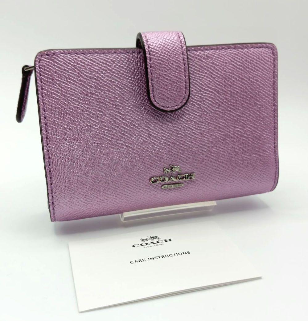 【美品】COACHコーチ メタリック ピンク 二つ折り 財布 F23256