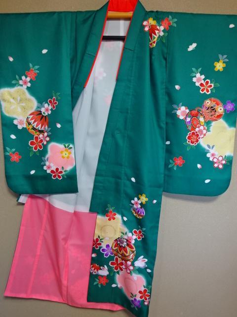 女児四つ身着物単品　グリーン色