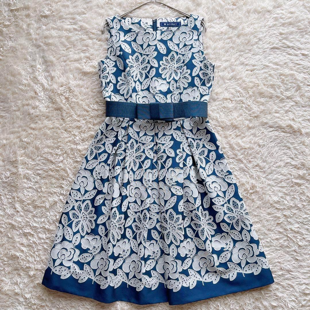 エムズグレイシー ワンピース ドレス 花柄 刺繍 レース ベルト フレア 38
