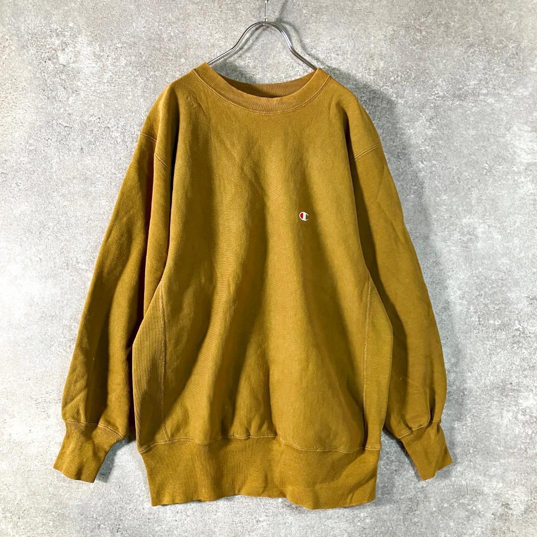 90s Champion マスタード リバースウィーブ 刺繍タグ Lサイズ Champion - マスタード 茶色 目無し リバースウィーブ reverse weave