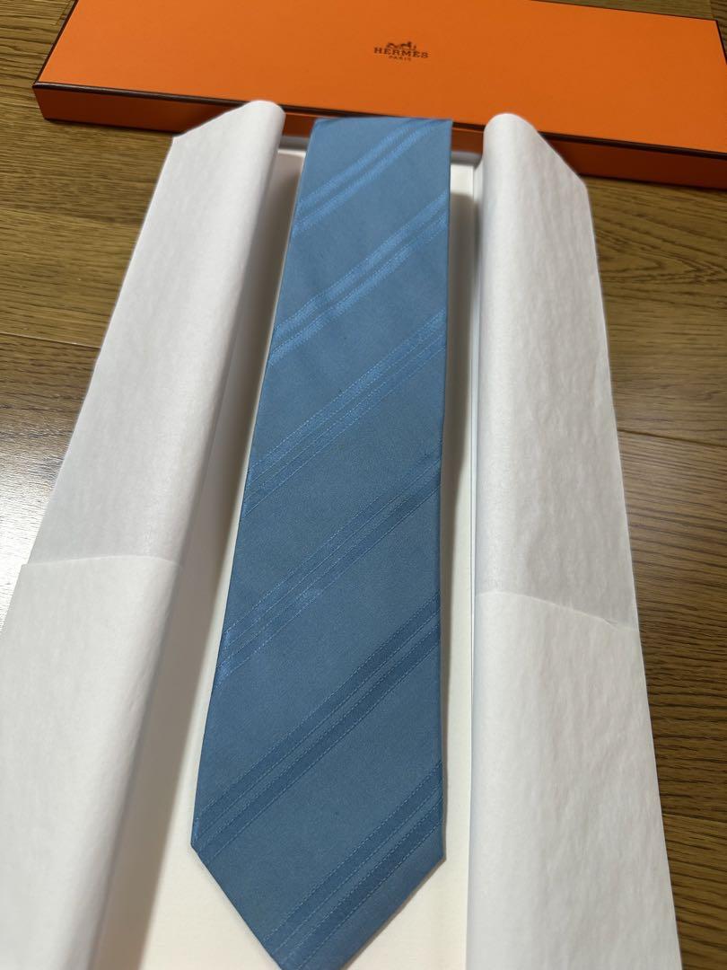 美品✨HERMESエルメス ネクタイ ストライプ ブルー系フランス製