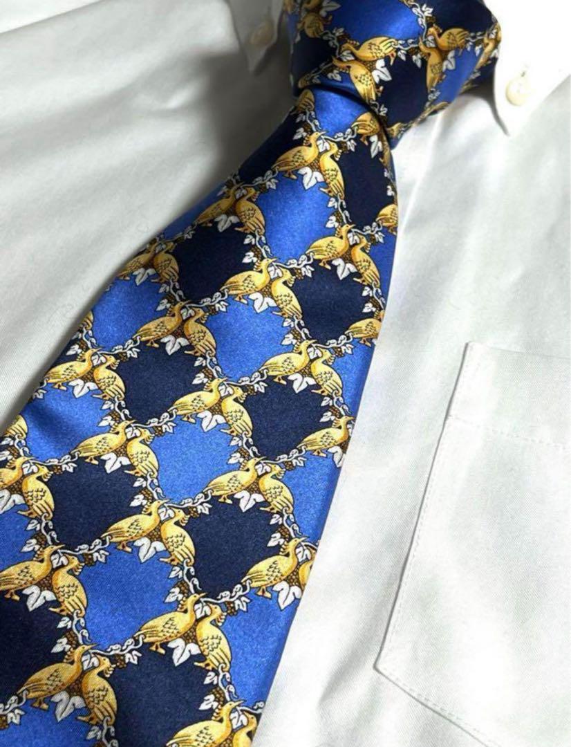 LANVIN ネクタイ ブルー ネイビー パターン柄 光沢 総柄