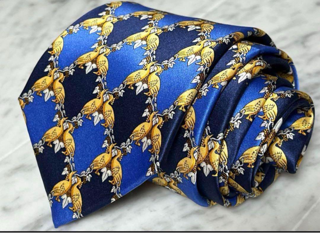 LANVIN ネクタイ ブルー ネイビー パターン柄 光沢 総柄