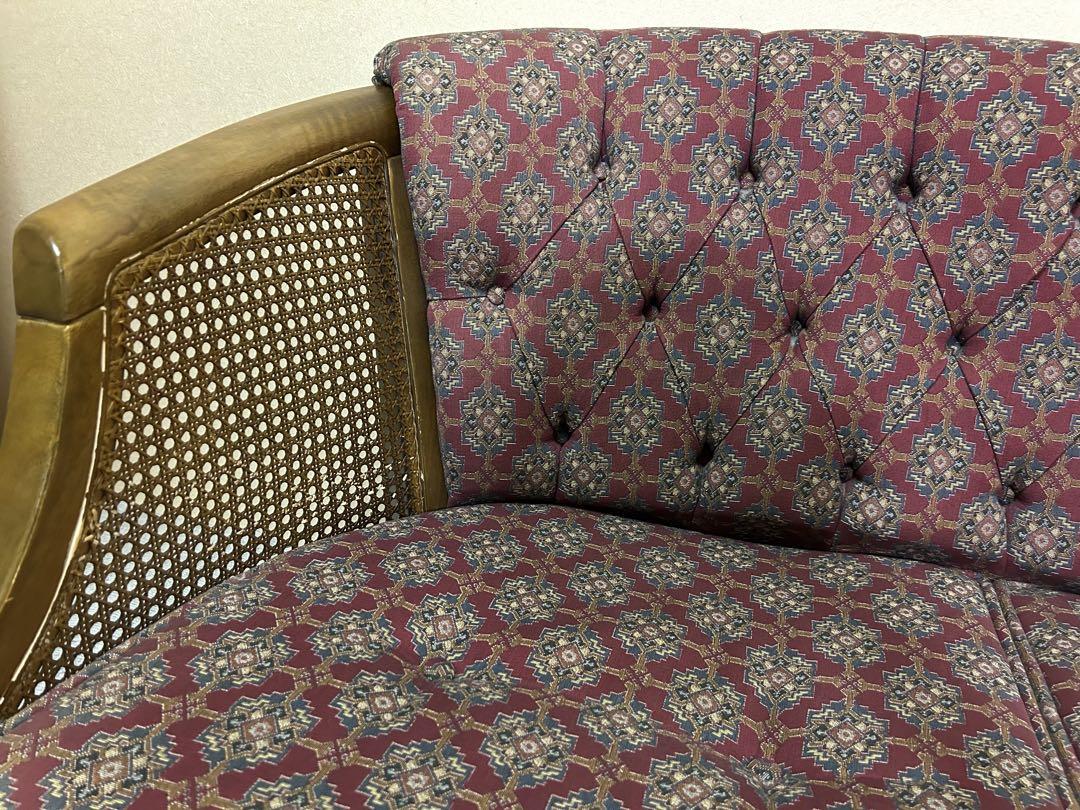 二人掛けソファ　籐　刺繍　赤
