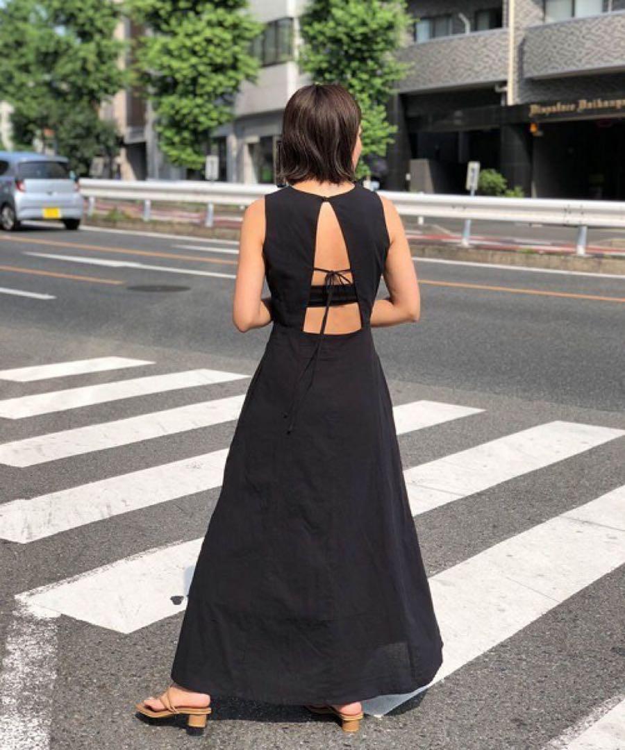 TODAYFUL リネン混 バックオープンタイドレス 背中リボン 黒 38