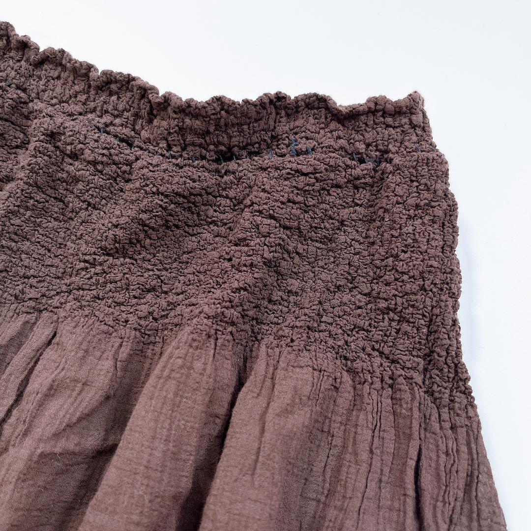 me ISSEY MIYAKE フレアスカート 茶 刺繍 膝下 シワ加工 F