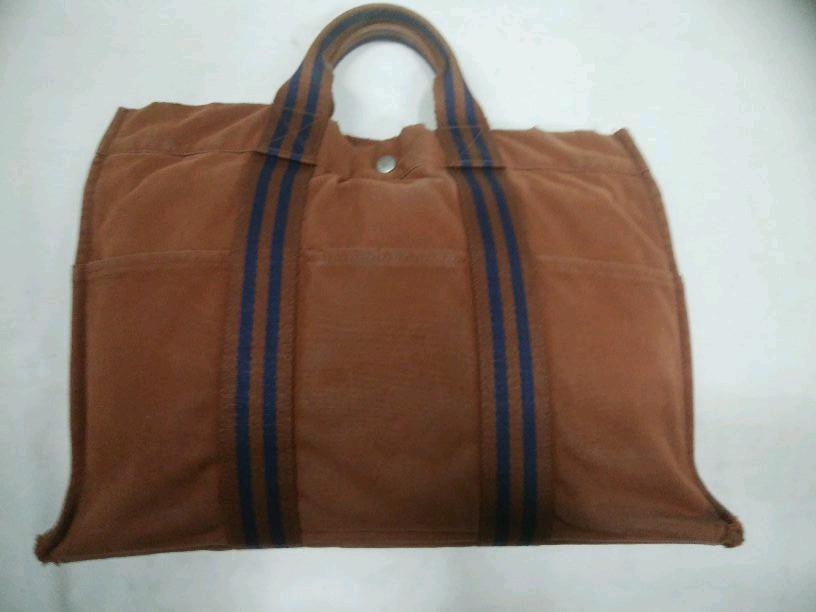 本物の HERMES エルメス フールトゥ キャンバス ハンド バッグ 茶 ブラウン バッグ