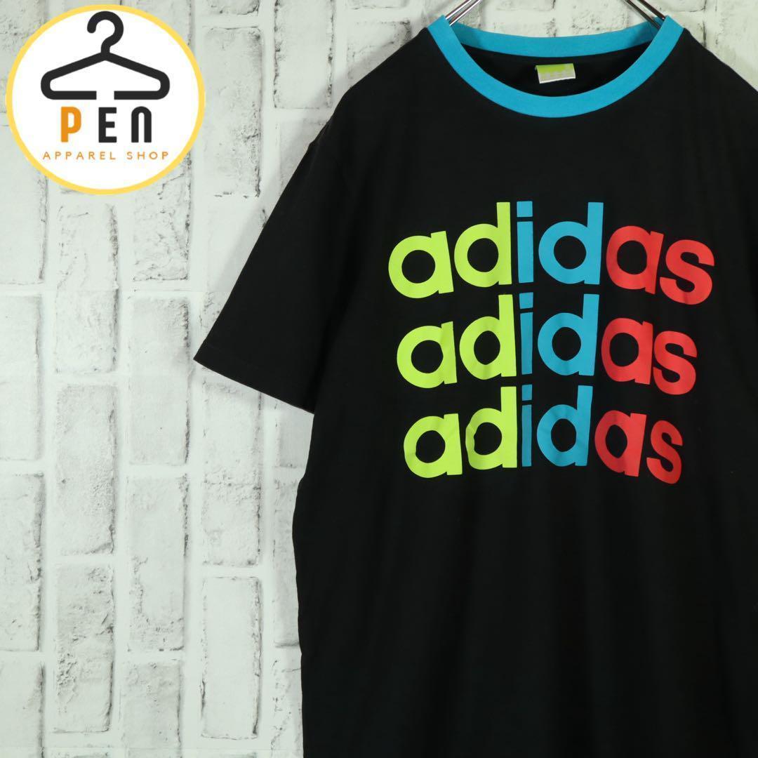 【アディダス】リンガーネックTシャツ デカロゴ カラフルロゴ ブラック L