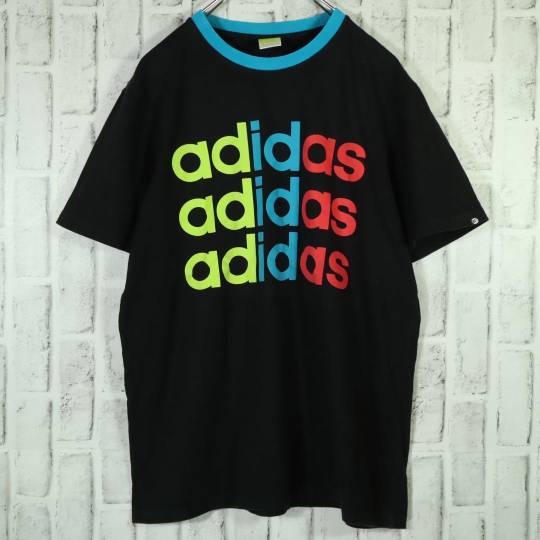 【アディダス】リンガーネックTシャツ デカロゴ カラフルロゴ ブラック L